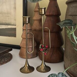 Two VINTAGE Brass Horn Candlestick Holders
